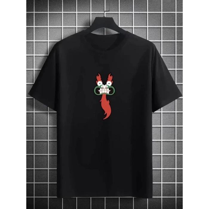 Unisex Bisiklet Yaka Baskılı Oversize T-Shirt - Siyah