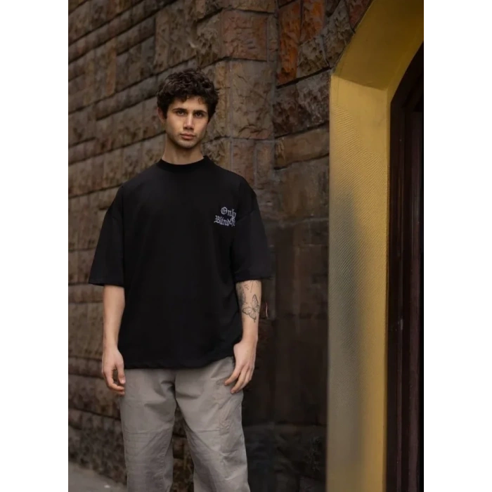 Unisex Bisiklet Yaka Baskılı Oversize T-Shirt - Siyah