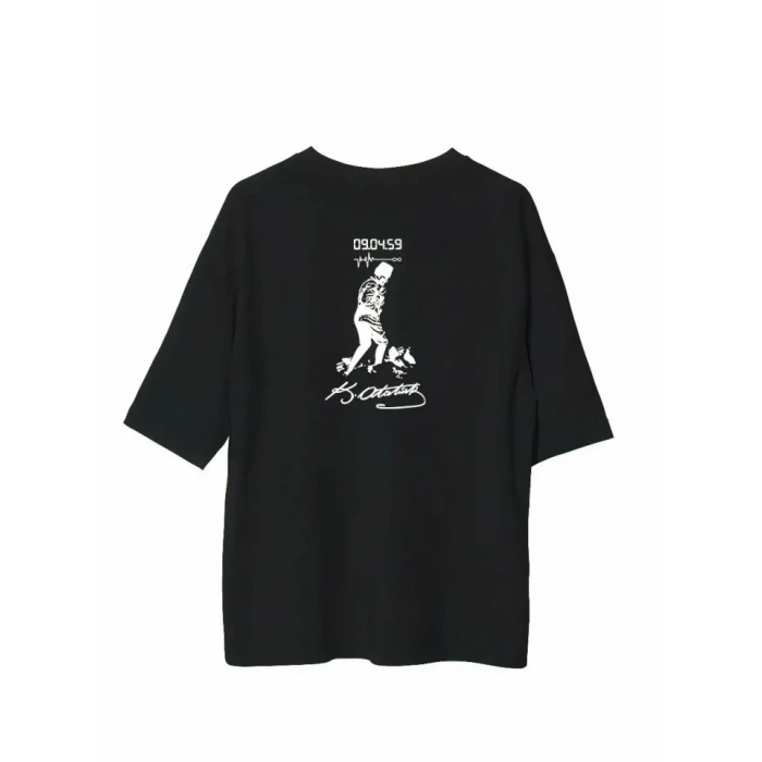 Unisex Bisiklet Yaka Baskılı Oversize T-Shirt - Siyah