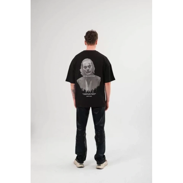 Unisex Bisiklet Yaka Baskılı Oversize T-Shirt - Siyah