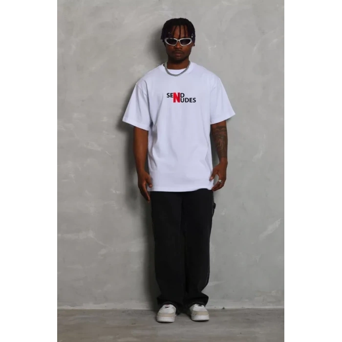 Unisex Bisiklet Yaka Double Oversize Baskılı T-Shirt - Beyaz
