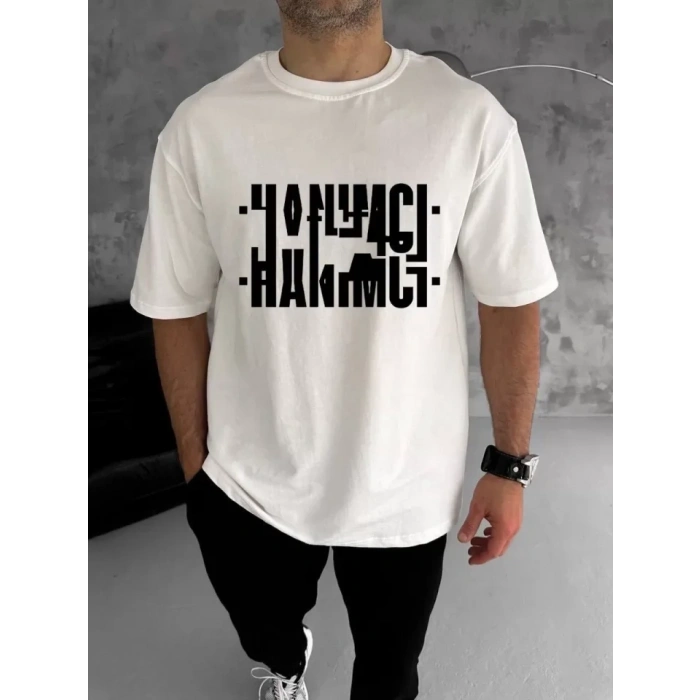 Unisex Bisiklet Yaka Katlanan Baskılı T-Shirt - Beyaz