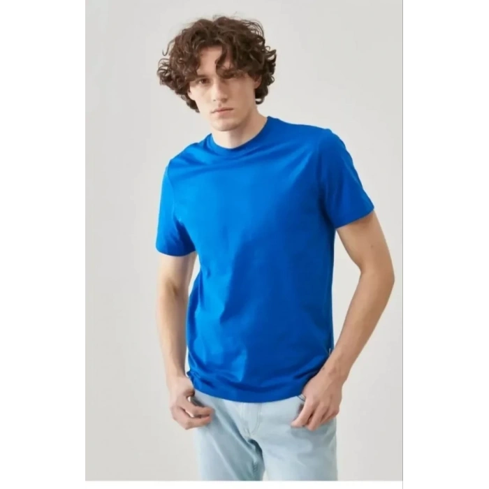 Unisex Düz Biskilet Yaka Oversize T-shirt - Mavi