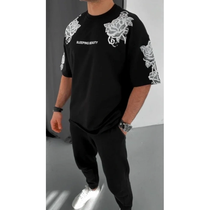 Unisex Flok Kabartma Baskılı T-Shirt - Siyah