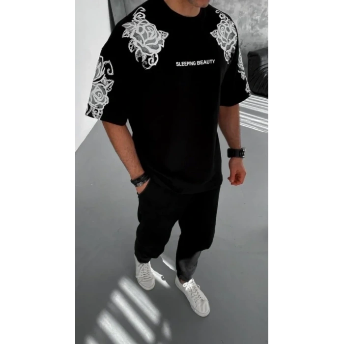 Unisex Flok Kabartma Baskılı T-Shirt - Siyah