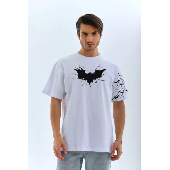 Unisex Ön Ve Kol Baskılı Oversize T-shirt - Beyaz