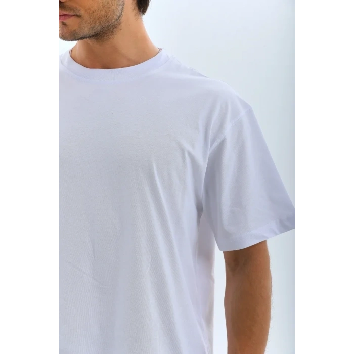 Unisex Oversize Düz Bisiklet Yaka T-Shirt - Beyaz