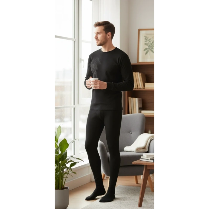 Unisex Şardonlu Termal İçlik Tayt Siyah