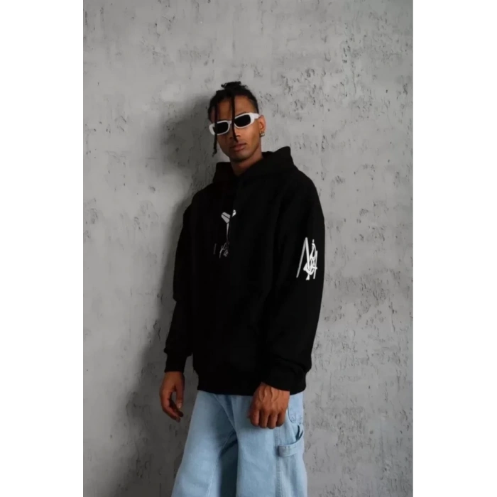 Unisex Sırt Baskılı Kapüşonlu Üç İplik Oversize Sweatshirt - Siyah