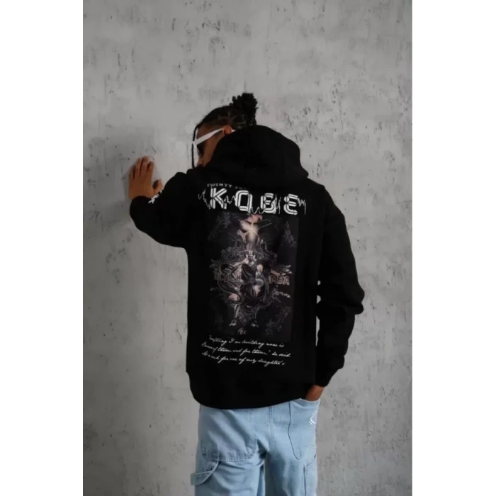 Unisex Sırt Baskılı Kapüşonlu Üç İplik Oversize Sweatshirt - Siyah