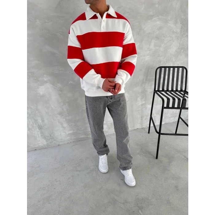 Unisex Üç İplik Parçalı Yakalı SweatShirt - Kırmızı