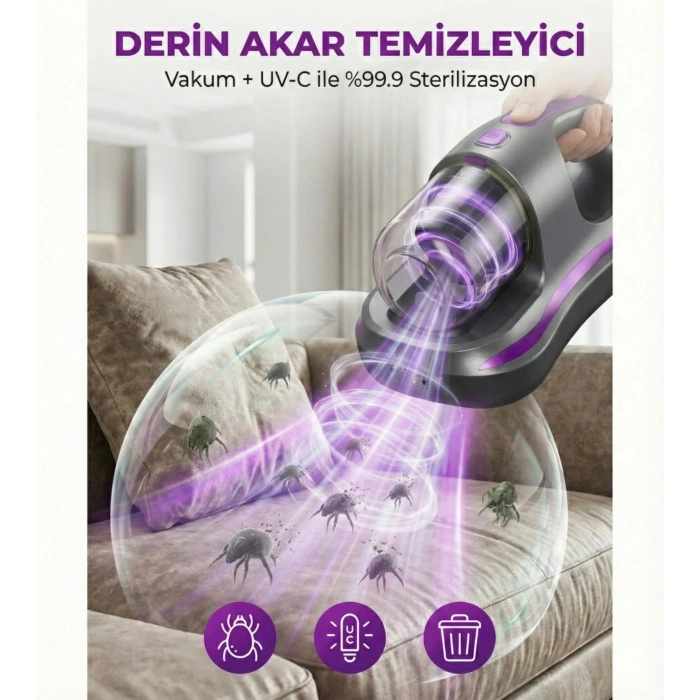 UV Işık Teknolojili Güçlü Motorlu Yatak Temizleme Cihazı - %99,9 Akar Giderme Özelliği ile