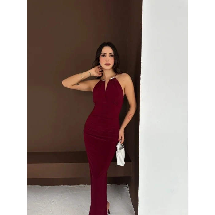 Uzun Abiye Elbise Yırtmaçlı Sırt Dekolteli Şık Gece Elbisesi - Bordo