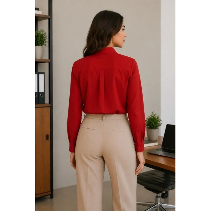 Uzun Kol Gömlek Düğmeli Klasik Yaka Günlük Ve Ofis Şıklığına Uygun - Kırmızı