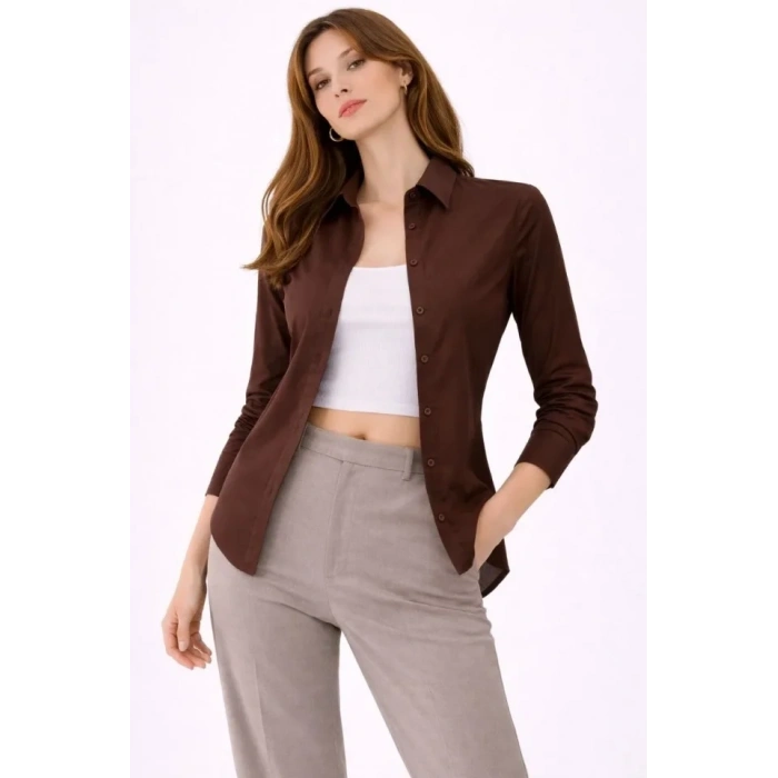Uzun Kollu Gömlek Düğmeli Klasik Yaka Günlük Ve Ofis Şıklığına Uygun - Kahverengi