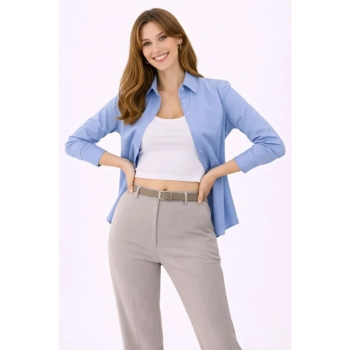 Uzun Kollu Gömlek Düğmeli Klasik Yaka Günlük Ve Ofis Şıklığına Uygun - Mavi