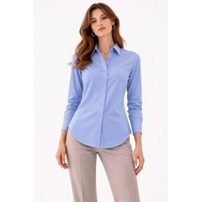 Uzun Kollu Gömlek Düğmeli Klasik Yaka Günlük Ve Ofis Şıklığına Uygun - Mavi