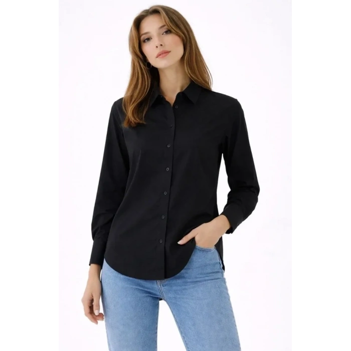 Uzun Kollu Gömlek Düğmeli Klasik Yaka Günlük Ve Ofis Şıklığına Uygun - Siyah
