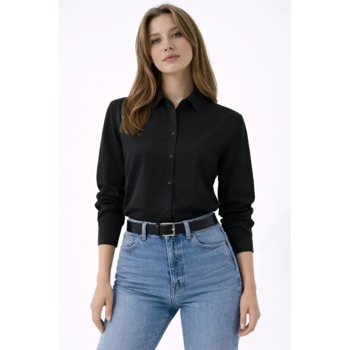Uzun Kollu Gömlek Düğmeli Klasik Yaka Günlük Ve Ofis Şıklığına Uygun - Siyah