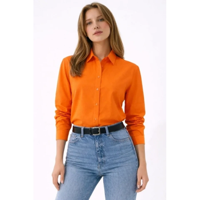 Uzun Kollu Gömlek Düğmeli Klasik Yaka Günlük Ve Ofis Şıklığına Uygun - Turuncu