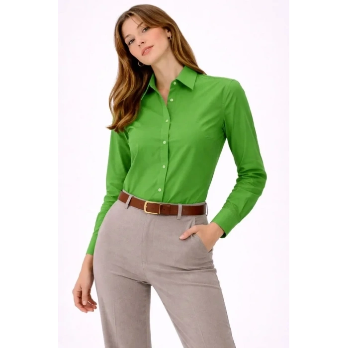 Uzun Kollu Gömlek Düğmeli Klasik Yaka Günlük Ve Ofis Şıklığına Uygun - Yeşil