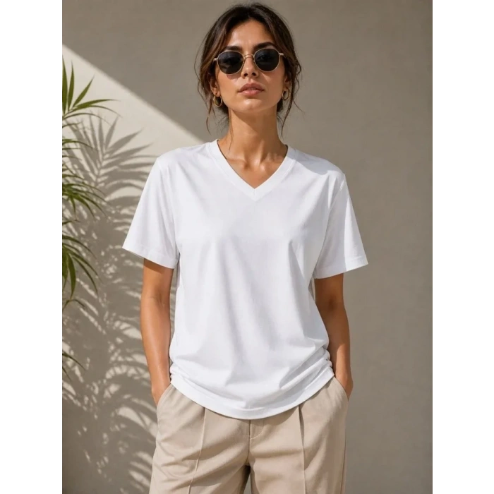 V Yaka Basic Tişört Kısa Kol Yazlık Regular Fit T-Shirt - Beyaz
