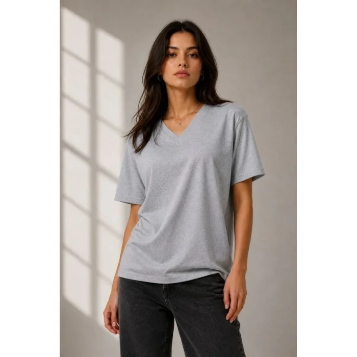 V Yaka Basic Tişört Kısa Kol Yazlık Regular Fit T-Shirt - Gri
