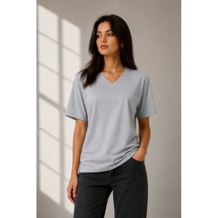 V Yaka Basic Tişört Kısa Kol Yazlık Regular Fit T-Shirt - Gri