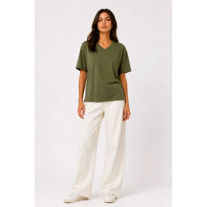 V Yaka Basic Tişört Kısa Kol Yazlık Regular Fit T-Shirt - Haki