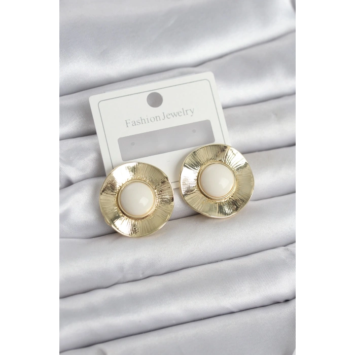 Vintage Model Beyaz Gold Renk Pirinç Kadın Küpe