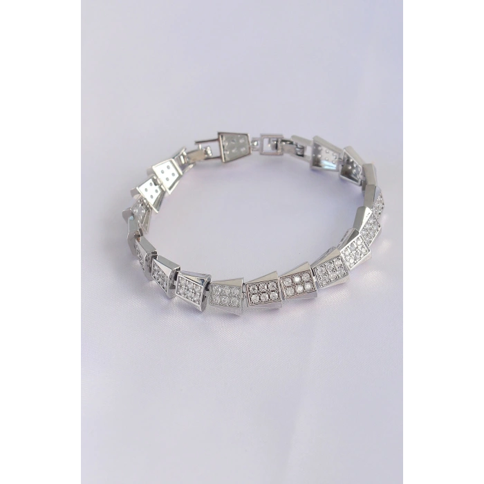 Vip Seri Pirinç Zirkon Taşlı Gümüş Renk Geometrik Bileklik