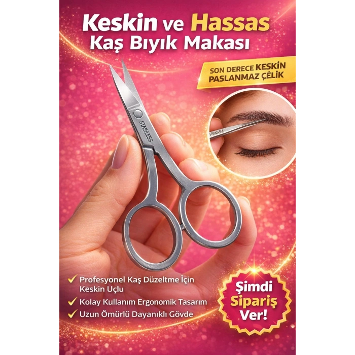 Vmax Paslanmaz Çelik Kaş Bıyık Makası Profesyonel Kaş Düzeltme Makası Hassas Uçlu Kaş Alma Makası 1 Adet
