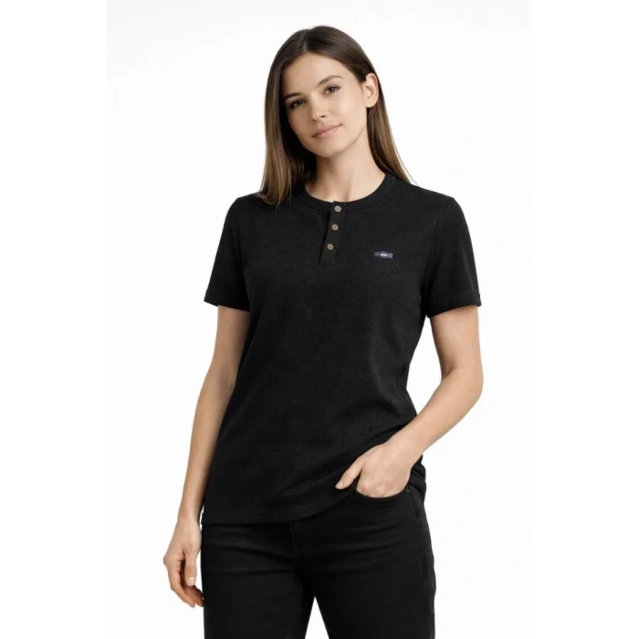 Waffle Dokulu Likralı Henley Yaka Düğmeli Regular Kısa Kollu T-Shirt - Siyah