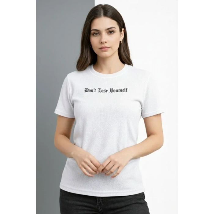 Wafıl Kumaş Tişört Regular Kalıp Bisiklet Yaka Baskılı Günlük Basic T-Shirt - Beyaz