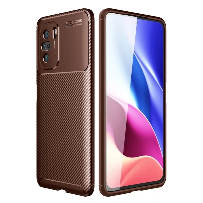 Xiaomi Poco F3 Kılıf Auto Focus Karbon Kapak - Kahverengi