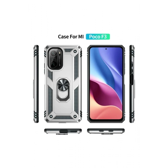Xiaomi Poco F3 Kılıf Sofya Yüzüklü Silikon Kapak - Gümüş