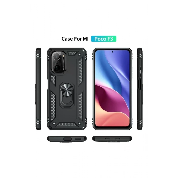 Xiaomi Poco F3 Kılıf Sofya Yüzüklü Silikon Kapak - Siyah