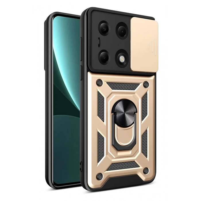 Xiaomi Poco M6 Pro 4G Kılıf Pars Lens Yüzüklü Silikon - Gold
