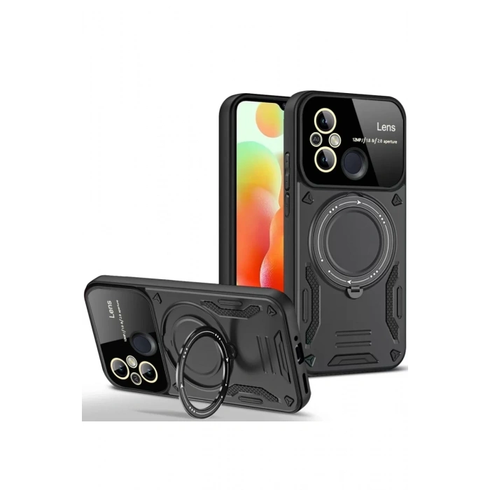 Xiaomi Redmi 12C Kılıf Joy Lens Standlı Kapak - Siyah