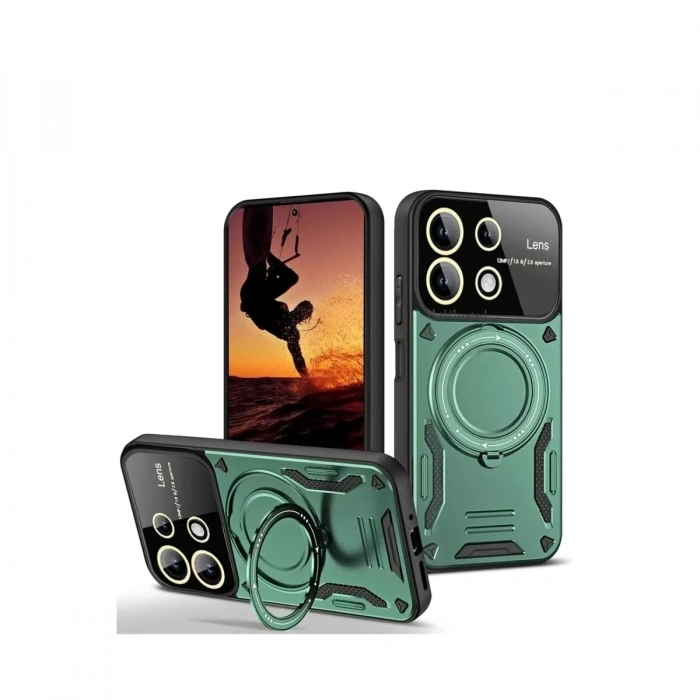Xiaomi Redmi 13 4G Kılıf Joy Lens Standlı Kapak - Koyu Yeşil