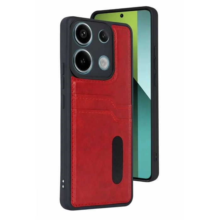 Xiaomi Redmi 15C 4G Sara Kartvizitli Deri Kılıf - Kırmızı