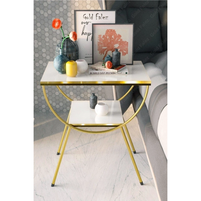 Yan Sehpa Komodin Metal Ayak Çift Gold Beyaz