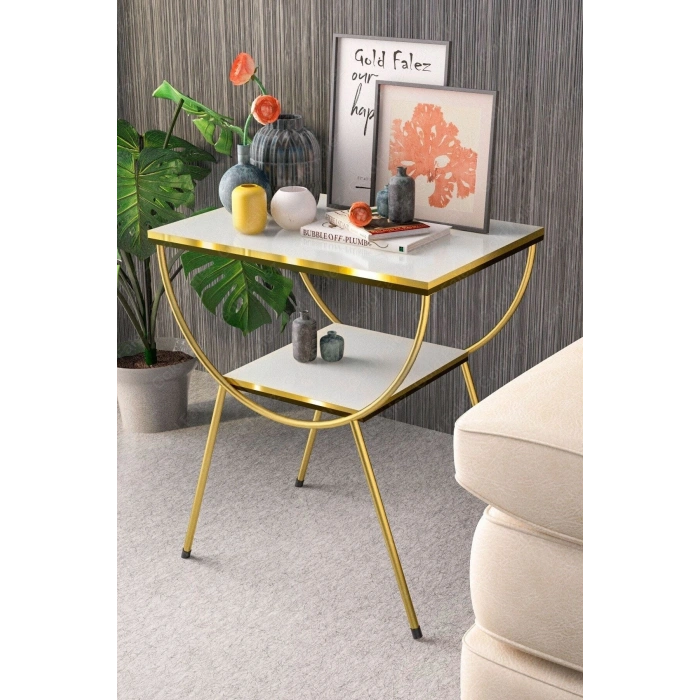 Yan Sehpa Komodin Metal Ayak Çift Gold Beyaz