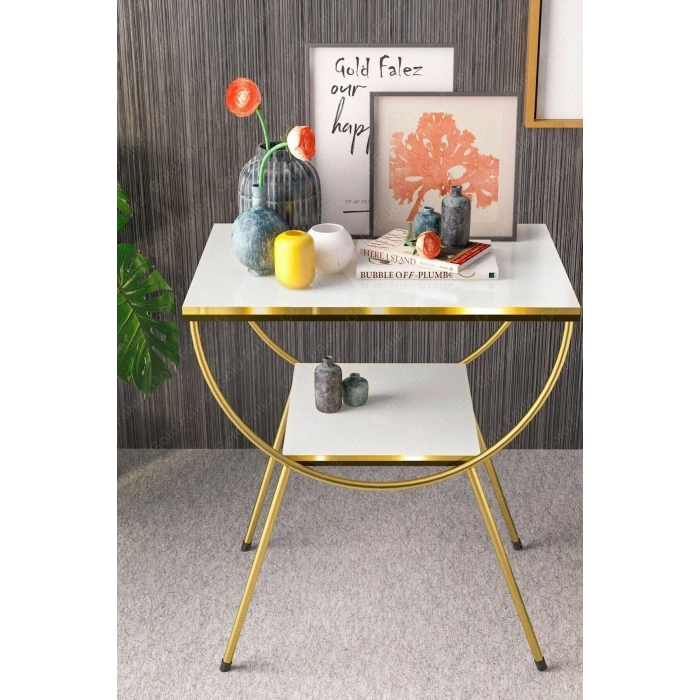 Yan Sehpa Komodin Metal Ayak Çift Gold Beyaz