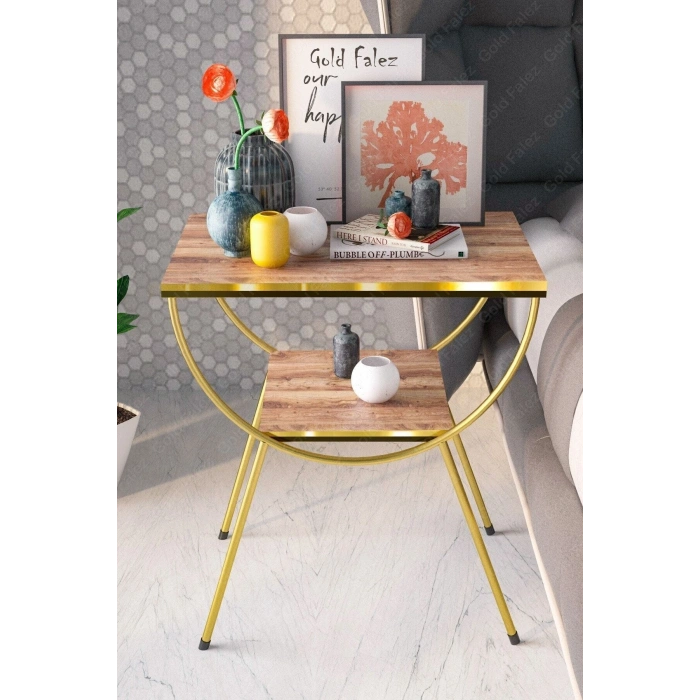 Yan Sehpa Komodin Metal Ayak Çift Gold Ceviz