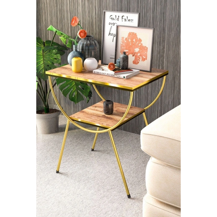 Yan Sehpa Komodin Metal Ayak Çift Gold Ceviz