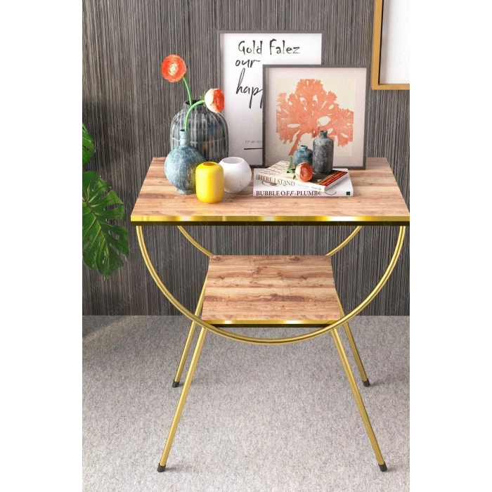 Yan Sehpa Komodin Metal Ayak Çift Gold Ceviz