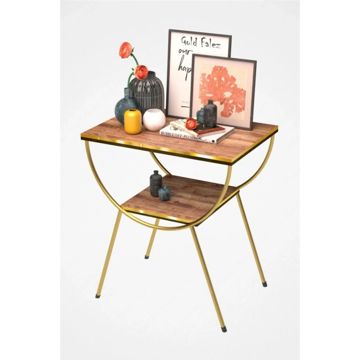 Yan Sehpa Komodin Metal Ayak Çift Gold Ceviz