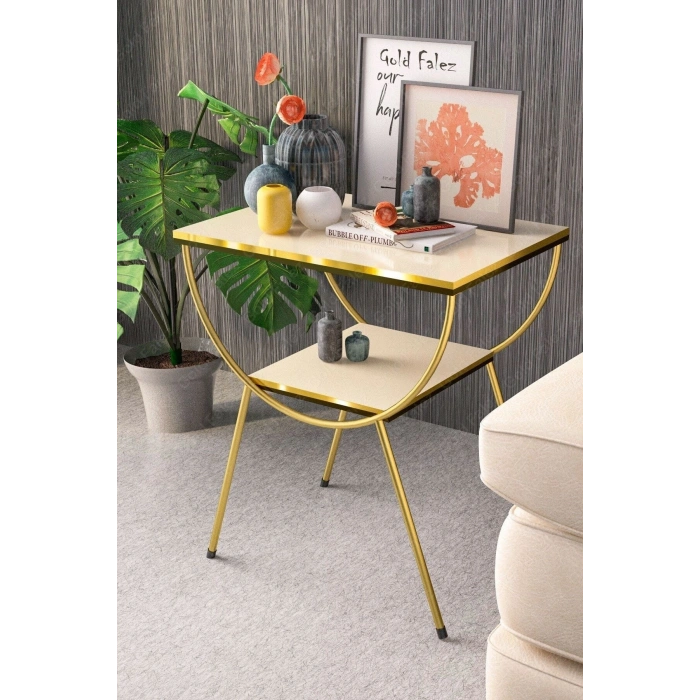 Yan Sehpa Komodin Metal Ayak Çift Gold Krem