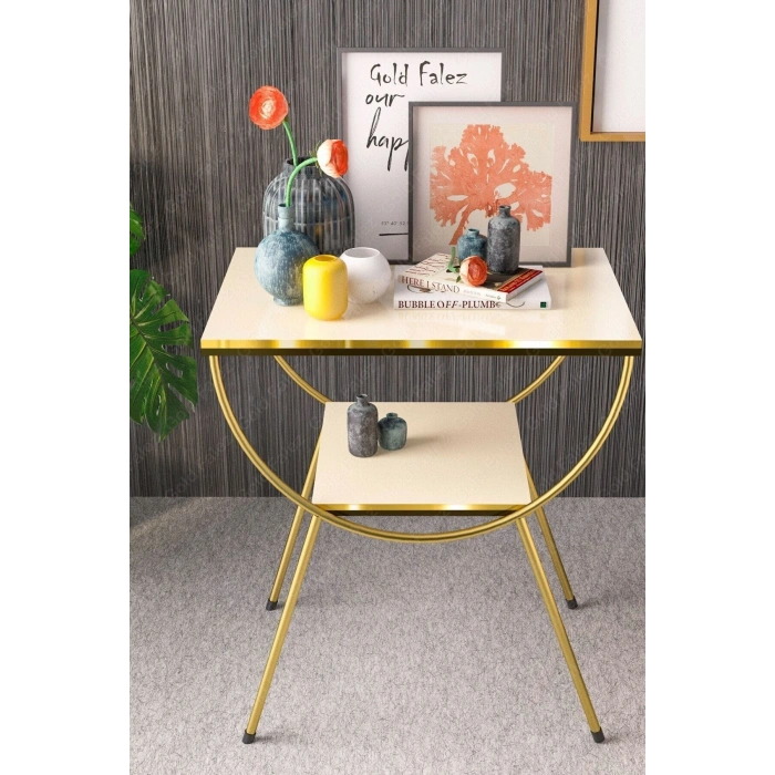 Yan Sehpa Komodin Metal Ayak Çift Gold Krem